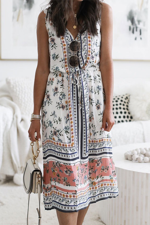 Casual en stijlvolle bloemenpatchwork Frenulum V-hals A-lijnjurken