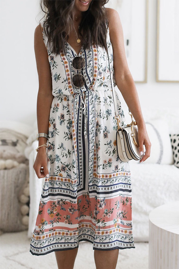 Casual en stijlvolle bloemenpatchwork Frenulum V-hals A-lijnjurken