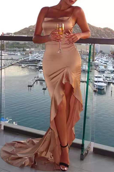 Elegant & Stylish Classic Solid Flounce Slit Evening Dress Dresses