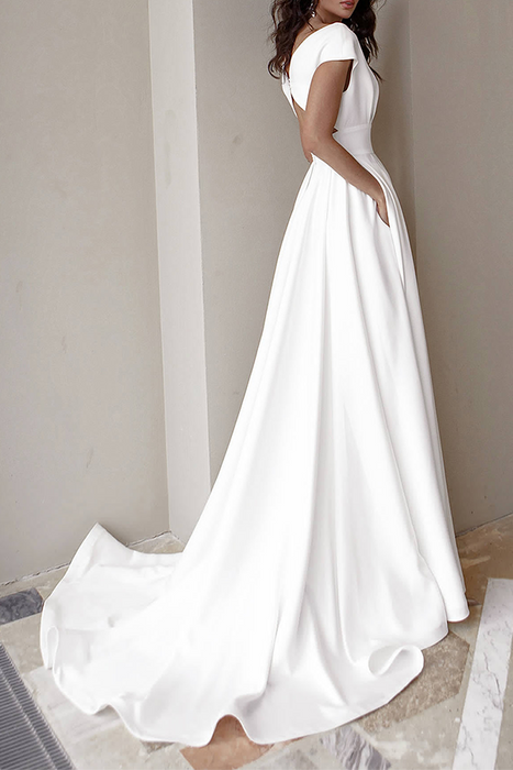 Elegant & Stylish Classic Solid Slit Fold V Neck Evening Dress Dresses