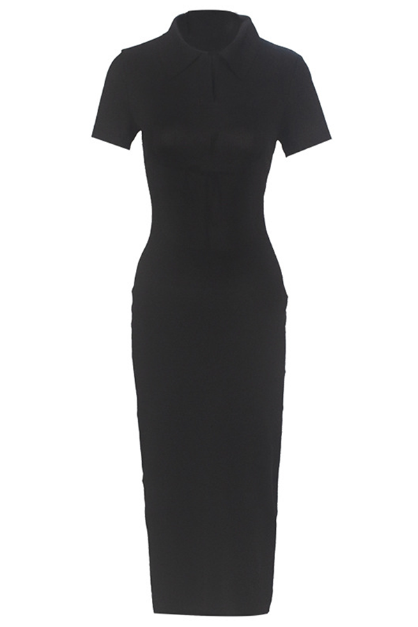 Fashion Street Classic Solid Frenulum Backless Slit Turndown Collar Wrapped Skirt Dresses