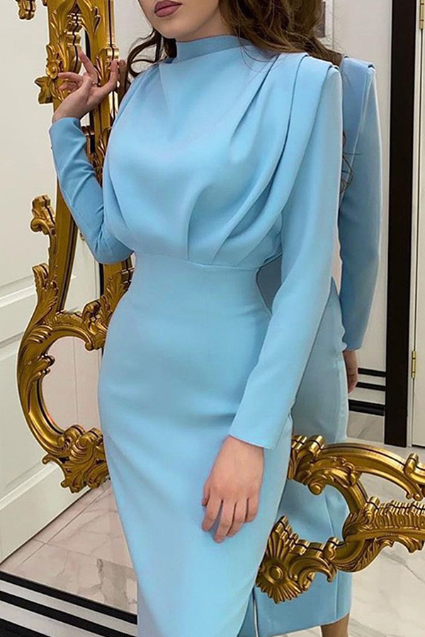 Elegant & Stylish Classic Solid Fold Mandarin Collar Waist Skirt Dresses(5 Colors)