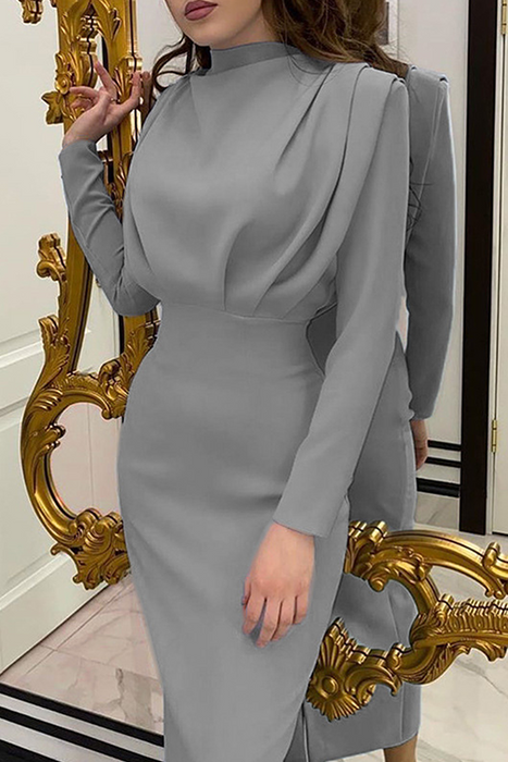Elegant & Stylish Classic Solid Fold Mandarin Collar Waist Skirt Dresses(5 Colors)