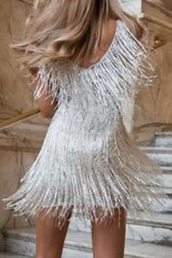 Fashion Elegant & Stylish Classic Solid Tassel Patchwork V Neck Evening Dress Dresses(4 Colors)