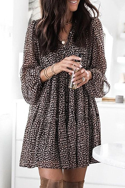 Elegant & Stylish Print Buckle Flounce V Neck A Line Dresses