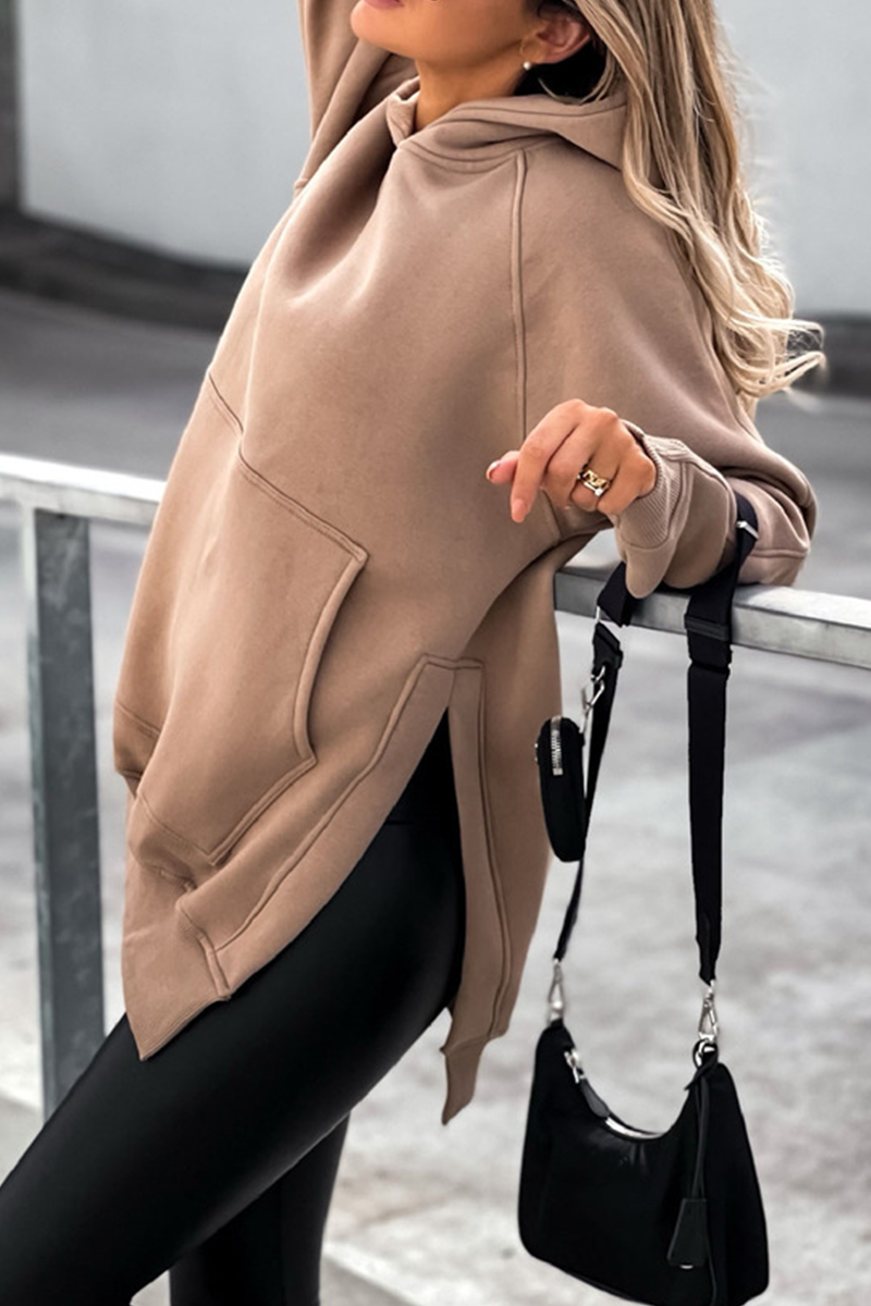 Casual & Stylish Classic Solid Pocket Slit Hooded Collar Tops