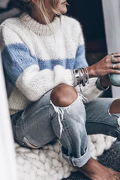 Casual en stijlvolle gestreepte patchwork-contrast-topjes met O-hals