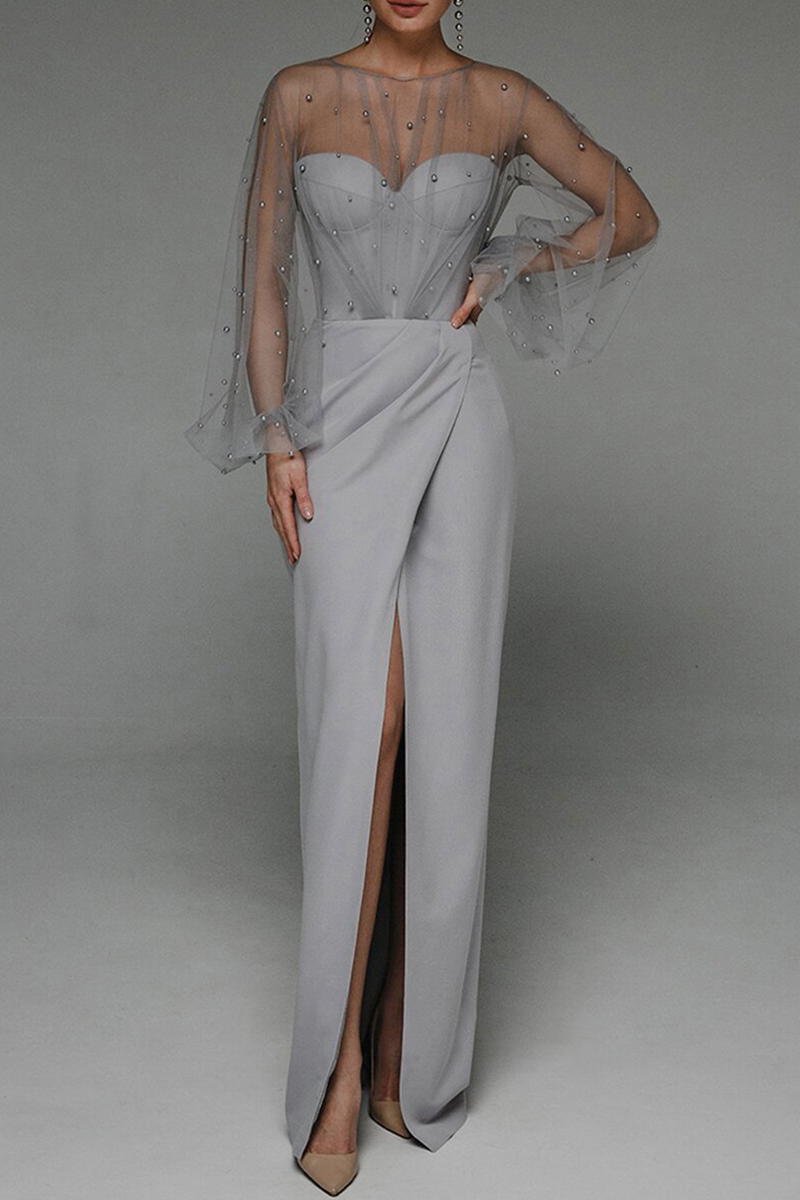 Beroemdheden Elegante effen split kralen Mesh strapless avondjurk Jurken Elegant voor speciale gelegenheden