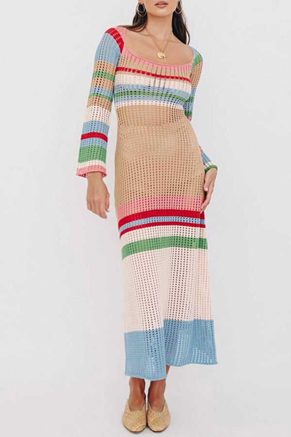 Casual en stijlvol Elegant en stijlvol patchwork uitgeholde contrasterende U-halsjurken