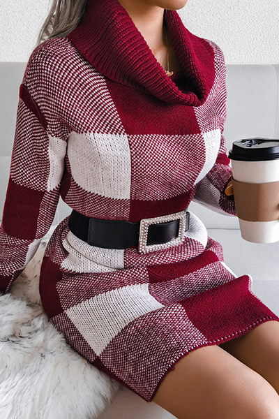 Casual en stijlvol Plaid Split Joint Contrast Coltrui Kokerrok Jurken Trui (zonder riem)