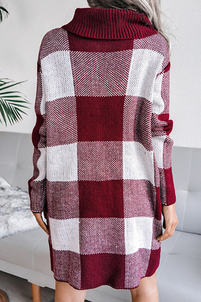 Casual en stijlvol Plaid Split Joint Contrast Coltrui Kokerrok Jurken Trui (zonder riem)