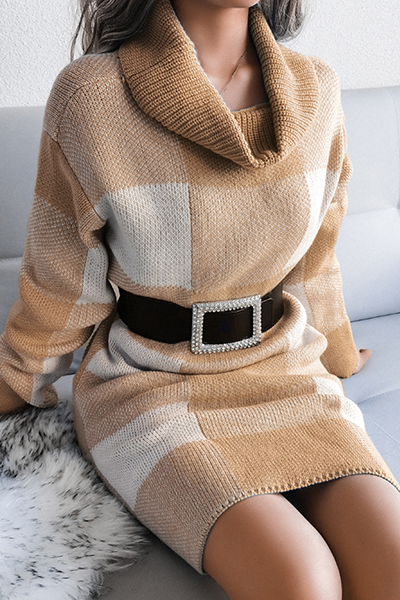 Casual & Stylish Plaid Split Joint Contrast Turtleneck Pencil Skirt Dresses Sweater (without Belt)