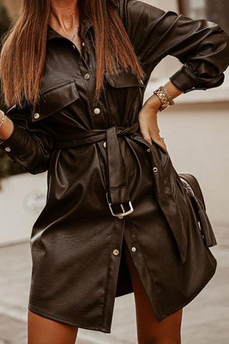 Fashion Street Classic Solid Buckle With Belt Turndown Collar Dresses