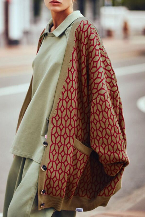 Mode Casual en stijlvolle geometrische patchwork gesp V-hals bovenkleding nep-pocket trui