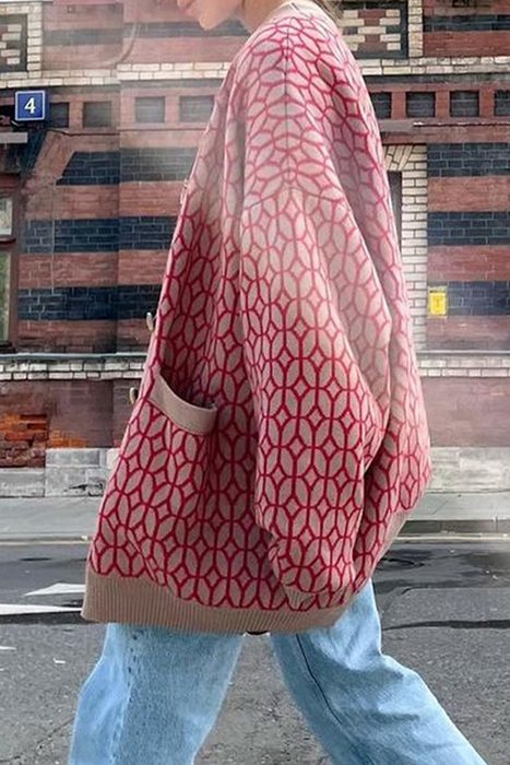 Moda Casual y Elegante Patchwork Geométrico Hebilla Cuello en V Prendas de abrigo Bolsillo simulado Suéter