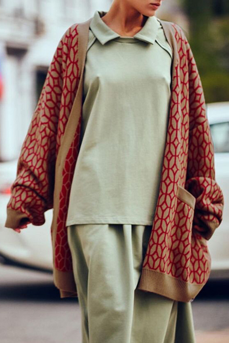 Fashion Casual & Stylish Geometric Patchwork Buckle V Neck Outerwear Mock Pocket Sweater