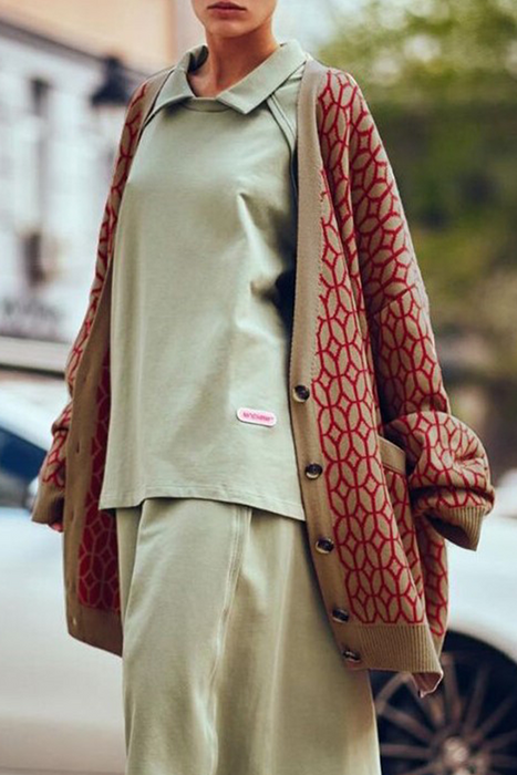 Moda Casual y Elegante Patchwork Geométrico Hebilla Cuello en V Prendas de abrigo Bolsillo simulado Suéter