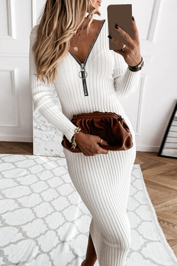 Fashion Elegant & Stylish Classic Solid Patchwork Zipper V Neck Pencil Skirt Dresses(3 Colors)