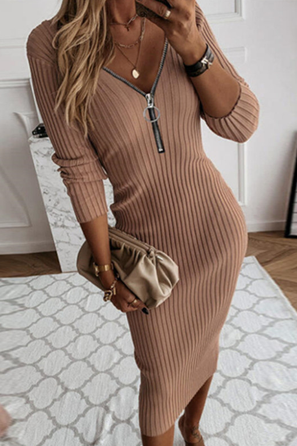 Fashion Elegant & Stylish Classic Solid Patchwork Zipper V Neck Pencil Skirt Dresses(3 Colors)