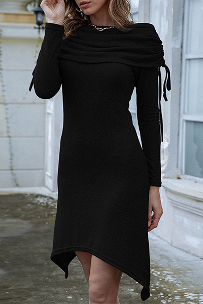 Fashion Elegant & Stylish Classic Solid Split Joint Fold Off The Shoulder Irregular Dress Dresses