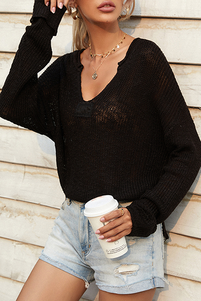 Casual & Stylish Classic Solid Draw String Basic V Neck Tops Sweater