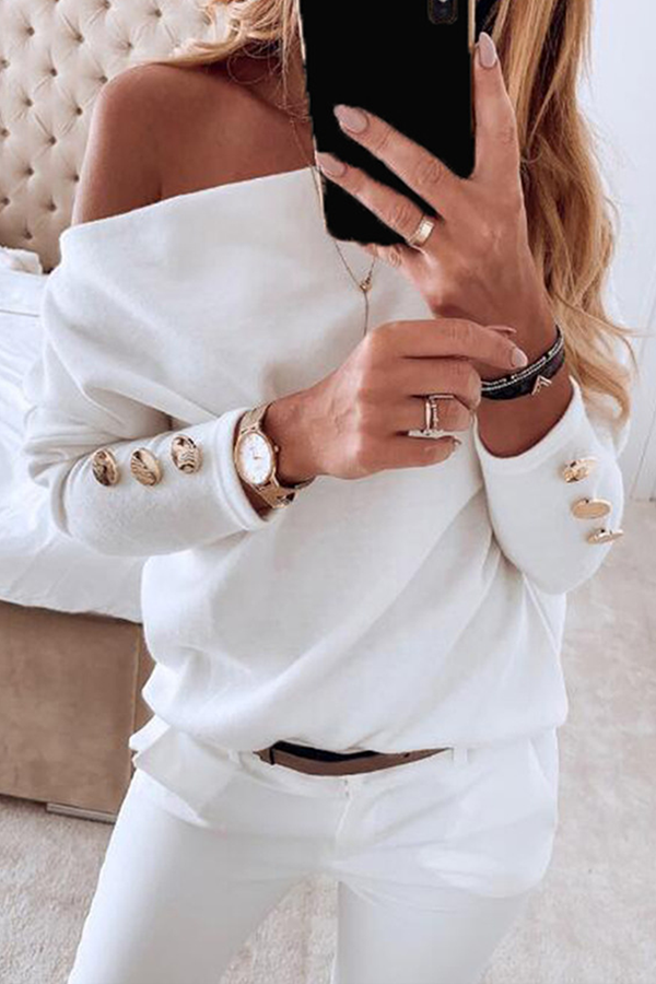 Casual & Stylish Classic Solid Buckle Off The Shoulder Tops(3 Colors)