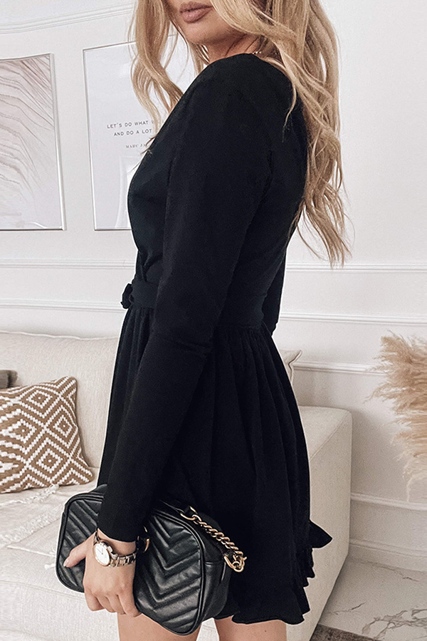 Fashion Elegant & Stylish Classic Solid Flounce With Belt V Neck A Line Dresses(3 Colors)