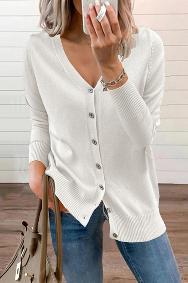 Casual & Stylish Classic Solid Patchwork Buckle V Neck Tops Sweater(12 Colors)