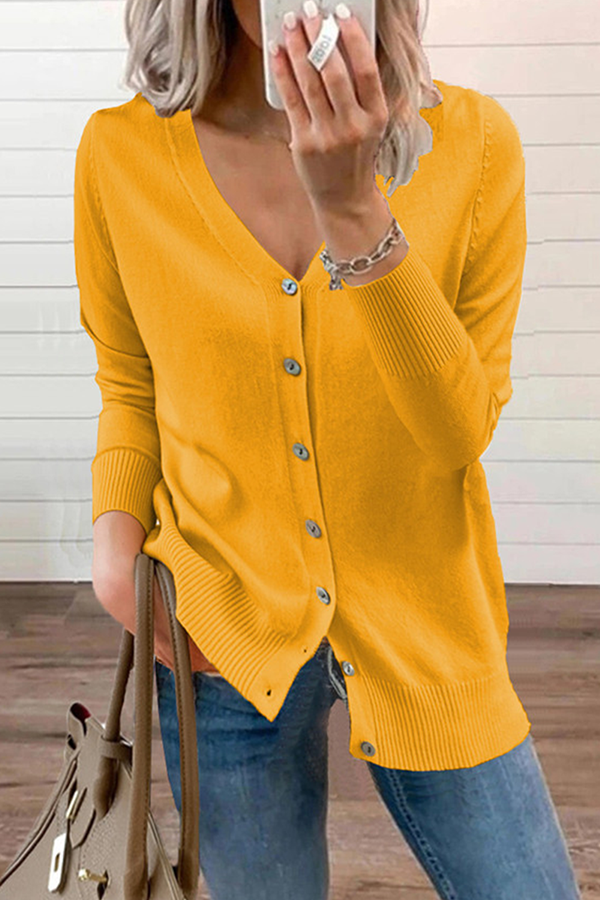 Casual & Stylish Classic Solid Patchwork Buckle V Neck Tops Sweater(12 Colors)