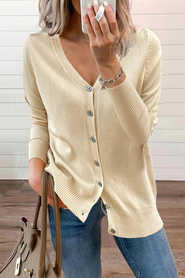 Casual & Stylish Classic Solid Patchwork Buckle V Neck Tops Sweater(12 Colors)