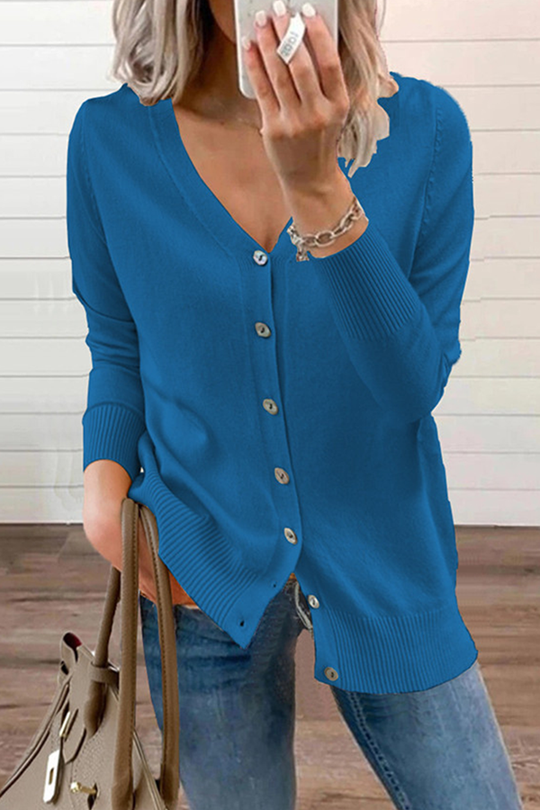 Casual & Stylish Classic Solid Patchwork Buckle V Neck Tops Sweater(12 Colors)