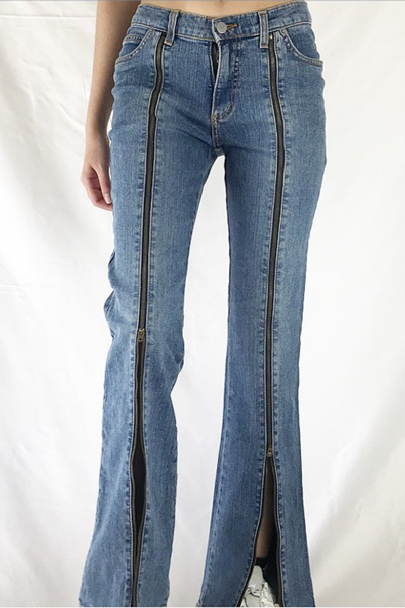 Street-Styled Patchwork Wide Leg Bottoms with Zipper Detail