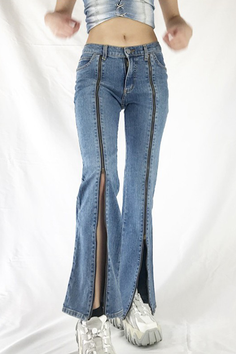 Street-Styled Patchwork Wide Leg Bottoms with Zipper Detail