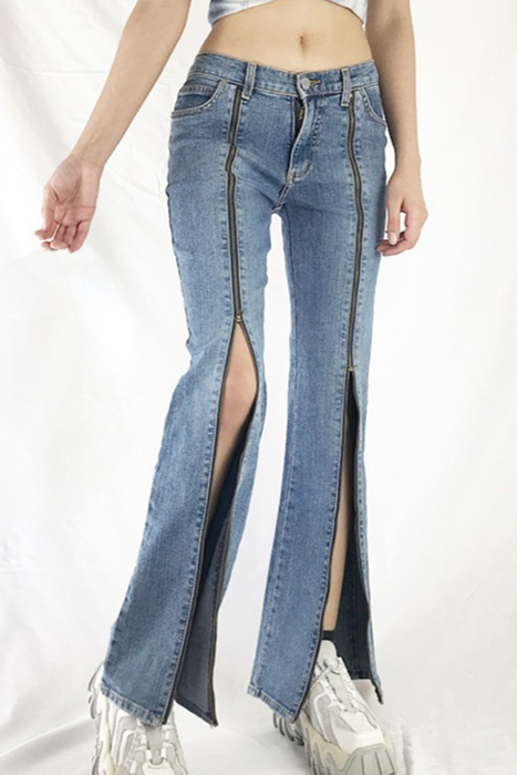 Street-Styled Patchwork Wide Leg Bottoms with Zipper Detail