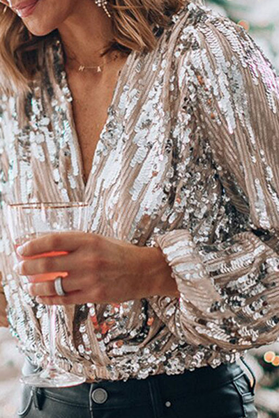 Elegant Patchwork Fold Sequins V Neck Blouses - A Must-Have Addition