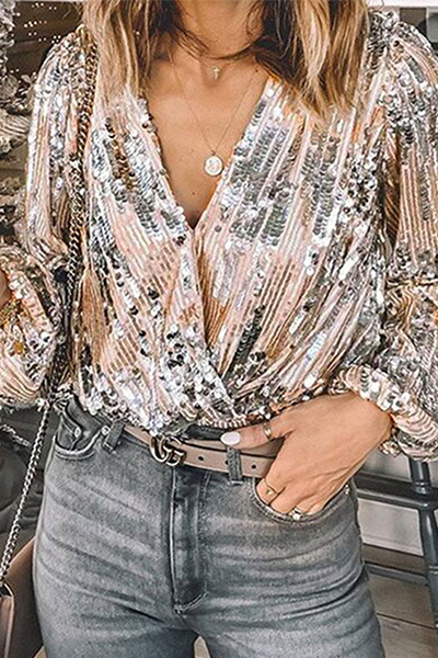 Elegant Patchwork Fold Sequins V Neck Blouses - A Must-Have Addition