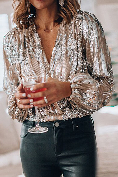 Elegant Patchwork Fold Sequins V Neck Blouses - A Must-Have Addition