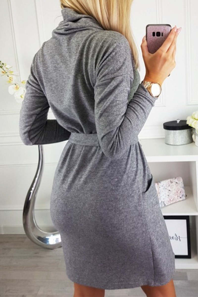 Casual & Stylish Classic Solid Pocket With Belt Irregular Dress Dresses(3 Colors)