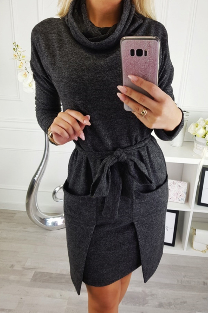 Casual & Stylish Classic Solid Pocket With Belt Irregular Dress Dresses(3 Colors)