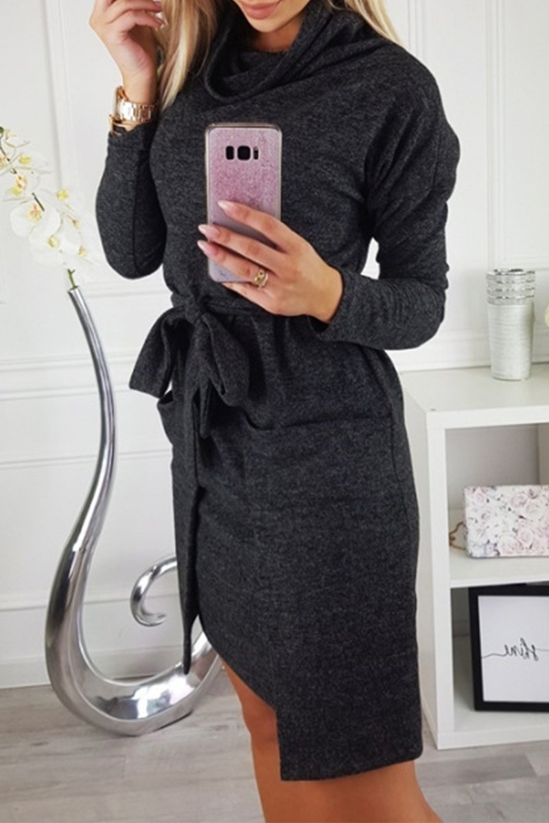 Casual & Stylish Classic Solid Pocket With Belt Irregular Dress Dresses(3 Colors)