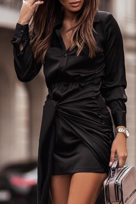 Fashion Elegant & Stylish Print Buckle Strap Design Turndown Collar Waist Skirt Dresses