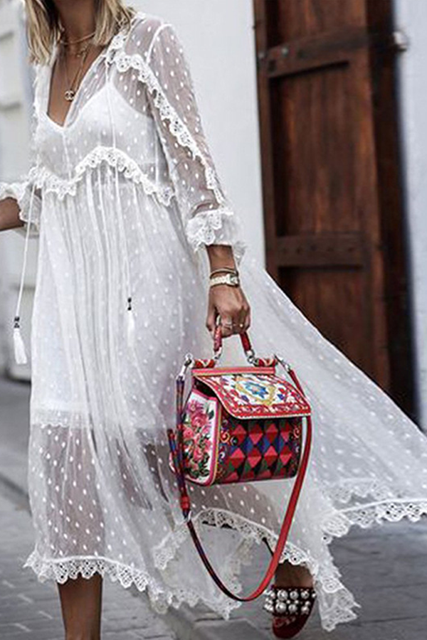 Casual elegante effen kanten frenulum vezelige zelfkant V-hals kanten jurk, elegant voor speciale gelegenheden