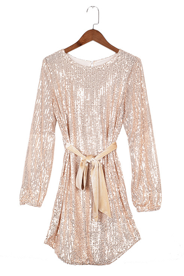 Elegant & Stylish Classic Solid With Belt Sequins O Neck A Line Dresses