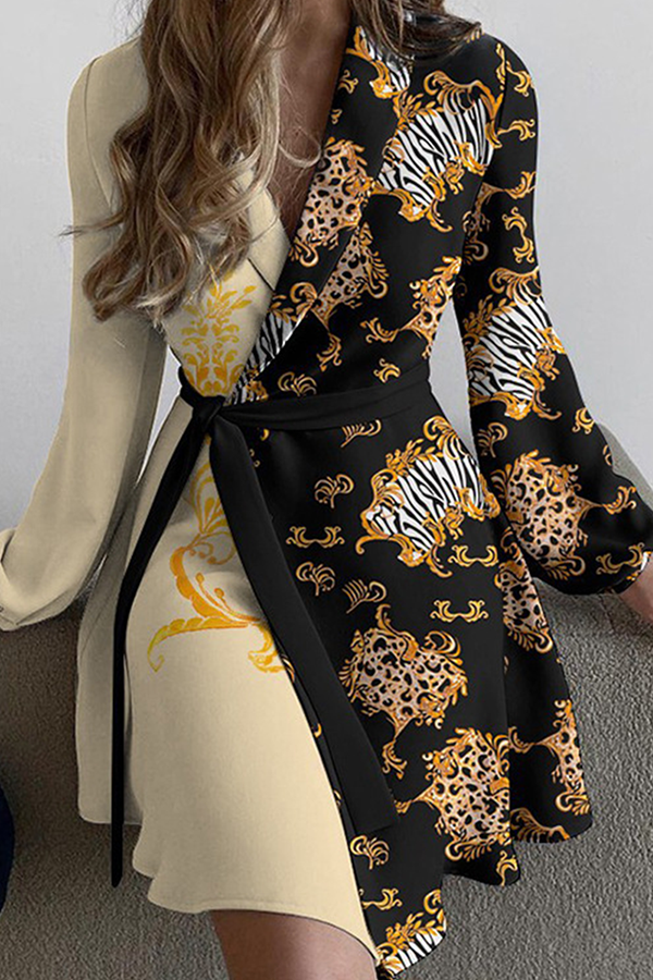 Fashion Print Solid Patchwork With Belt Turndown Collar A Line Dresses Elegant For Special Occasions