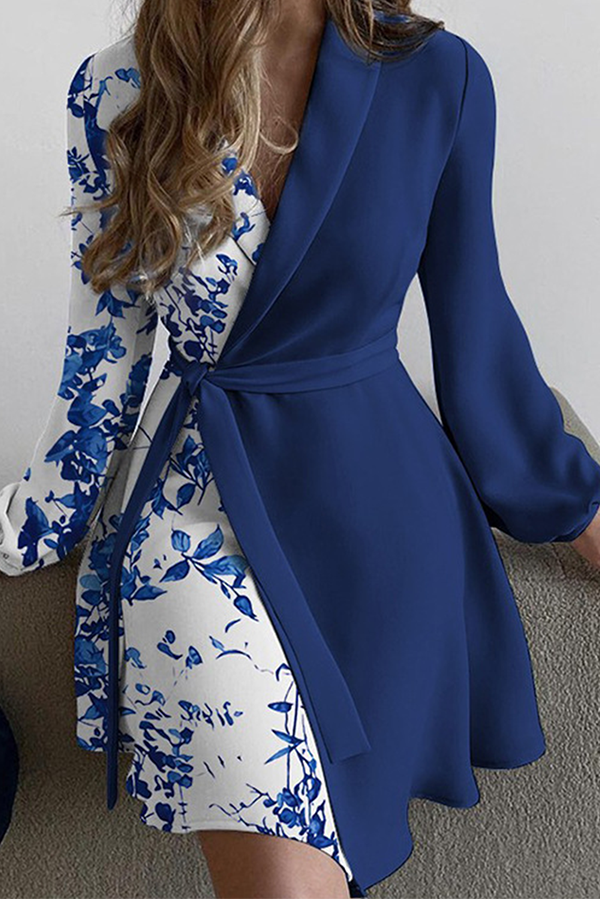 Fashion Print Solid Patchwork With Belt Turndown Collar A Line Dresses Elegant For Special Occasions