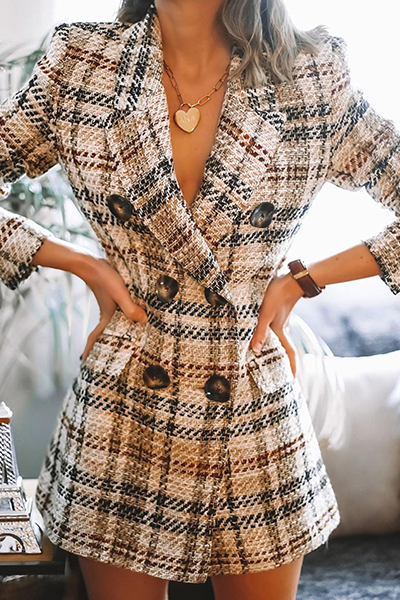 Fashion Elegant & Stylish Plaid Patchwork Buckle Turn-back Collar Outerwear