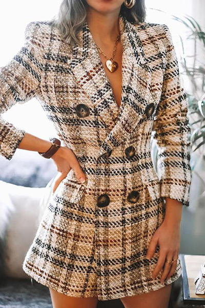 Fashion Elegant & Stylish Plaid Patchwork Buckle Turn-back Collar Outerwear