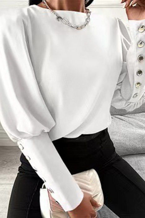 Blusas clásicas con cuello en O y hebilla sólida, elegantes y elegantes a la moda (3 colores)