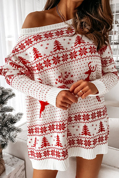 Casual & Stylish Wapiti Snowflakes Christmas Tree Printed Patchwork Contrast O Neck Dresses Sweater