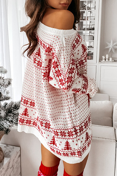 Casual y elegante Wapiti Copos de nieve Árbol de Navidad Impreso Patchwork Contraste O Cuello Vestidos Suéter